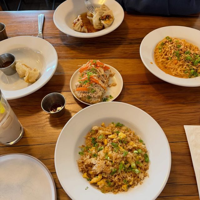 Dumplings, fried rice and noodles at a local restaurant