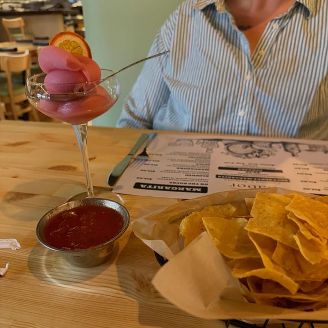 Frozen margarita with chips and salsa