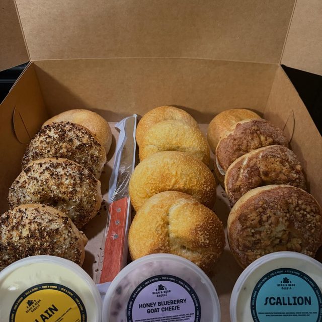 Bean and Bear Bagels box with cream cheeses