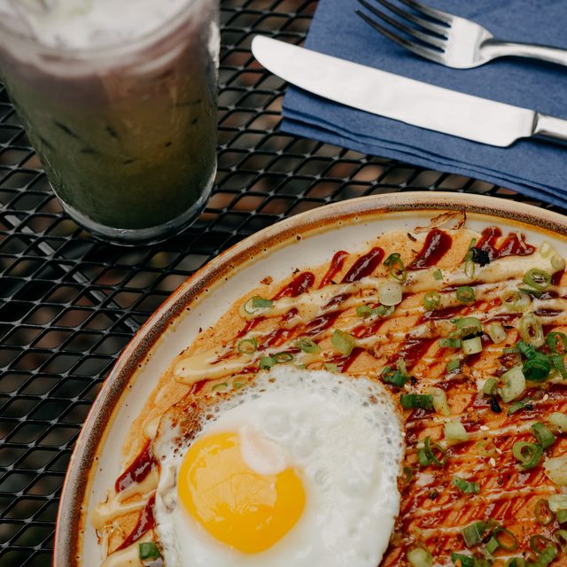Brunch okonomiyaki topped with a sunny egg