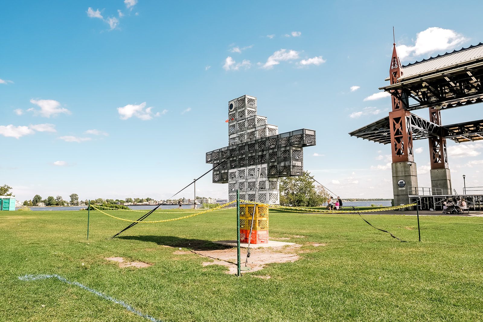 A large milk-crate sculpture on the Bayfront lawn